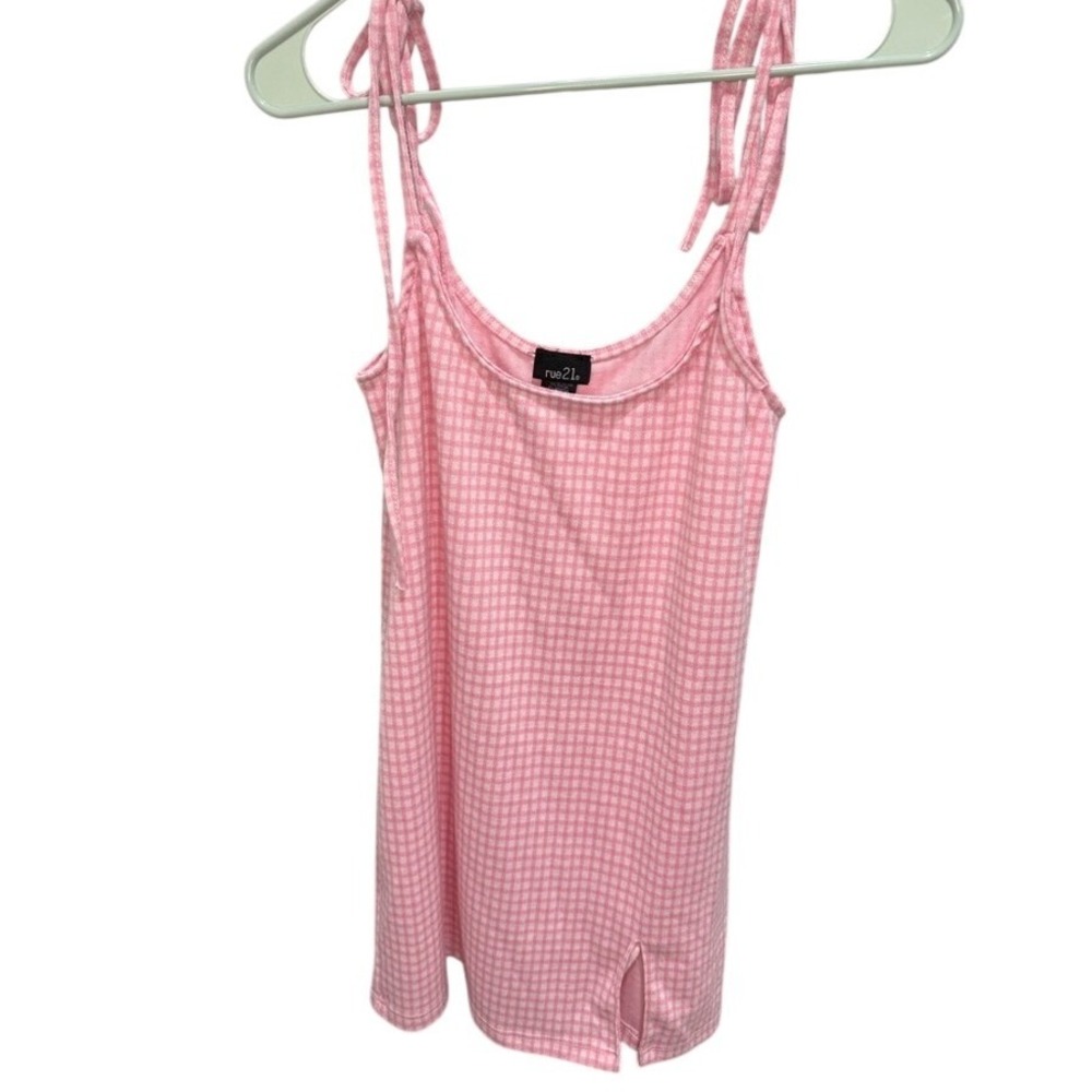 rue21 Pink Gingham Tie Shoulder Cami Top XL Coquette Side Slit Knit Tank